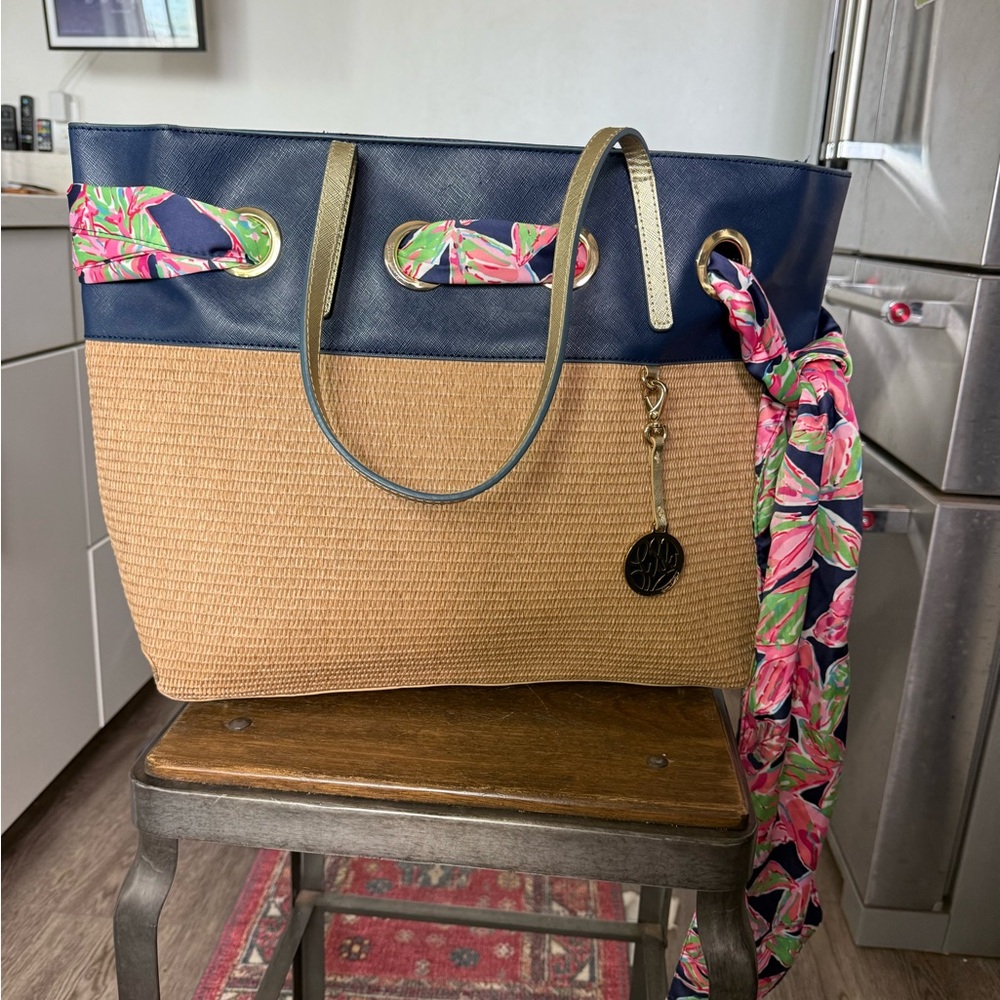 Lily Pulitzer Navy and Tan Tote with Floral Accent